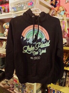 Pastel rainbow lake placid graphic on black pull over hoodie